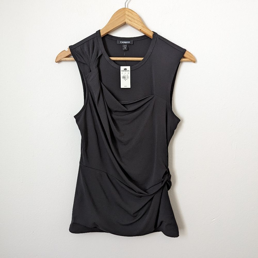 NWT Express black knot tie shoulder asymmetrical drape sleeveless top blouse